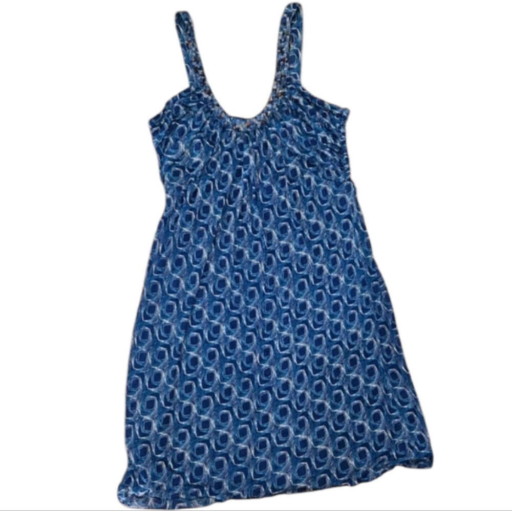 Vtg Y2K Boho Silk Dress Womens Medium Large Blue Geo Peacock Bead Intuitions